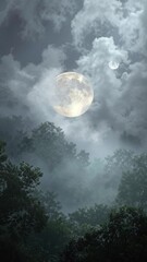 Wall Mural - vertical video full moon through clouds in a lush forest