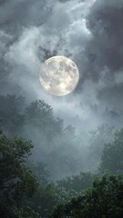 Wall Mural - vertical video full moon through clouds in a lush forest
