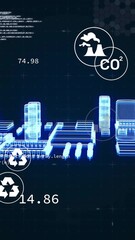 Poster - Digital cityscape with environmental icons and data processing animation overlay