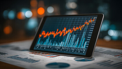 Poster - Digital financial graph on tablet displays business growth analysis. Printed quarterly reports alongside. Comparative analysis clear. Modern financial tech. Business trends. Growth projections