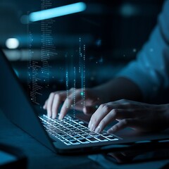 Hands typing on a laptop with glowing blue digital code