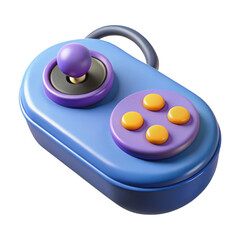 Poster - Retro blue gaming controller with purple joystick and yellow buttons isolated on transparent background