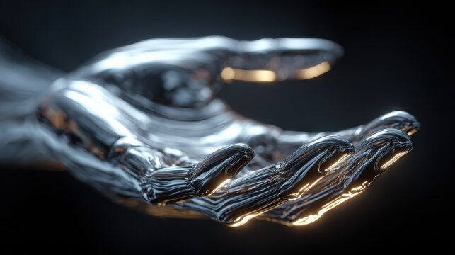 Metallic hand reaching out on dark background background image