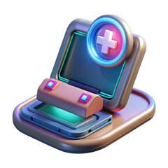 Poster - Stylized 3d medical device with glowing cross symbol isolated on transparent background