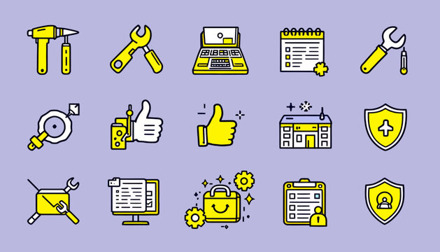 A collection of vector-based, yellow and black line art icons depicting tools, a computer, thumbs up, a calendar, a shopping bag, and security elements on a light purple background.