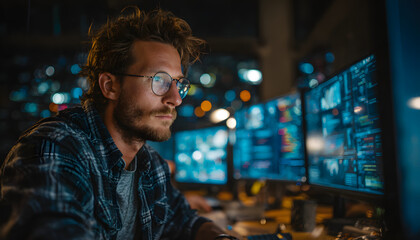 engineer works on multiple displays, analyzes network security, event management. cyber security ana
