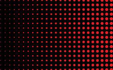 Poster - Halftone Gradient Dots Background. A vibrant red halftone dots pattern forming a gradient from large to small dots on a clean black background. Ideal for pop art, comics, posters, or digital backdrops