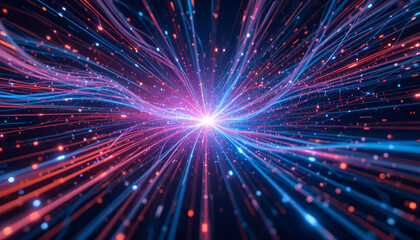 Poster - Abstract glowing light trails converge in a burst of energy, modern hi-tech network
