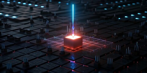 Fototapete - A single glowing cube emits a bright blue beam in a dark, intricate digital landscape, signifying innovation.