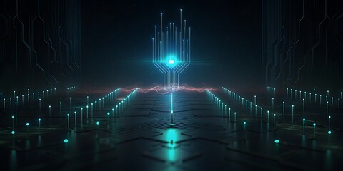 Fototapete - A futuristic digital corridor with glowing blue lights leads to a bright abstract technological core.