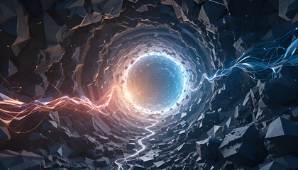 Poster - Energy beams through a dark, geometric tunnel toward a bright, glowing core in the distance