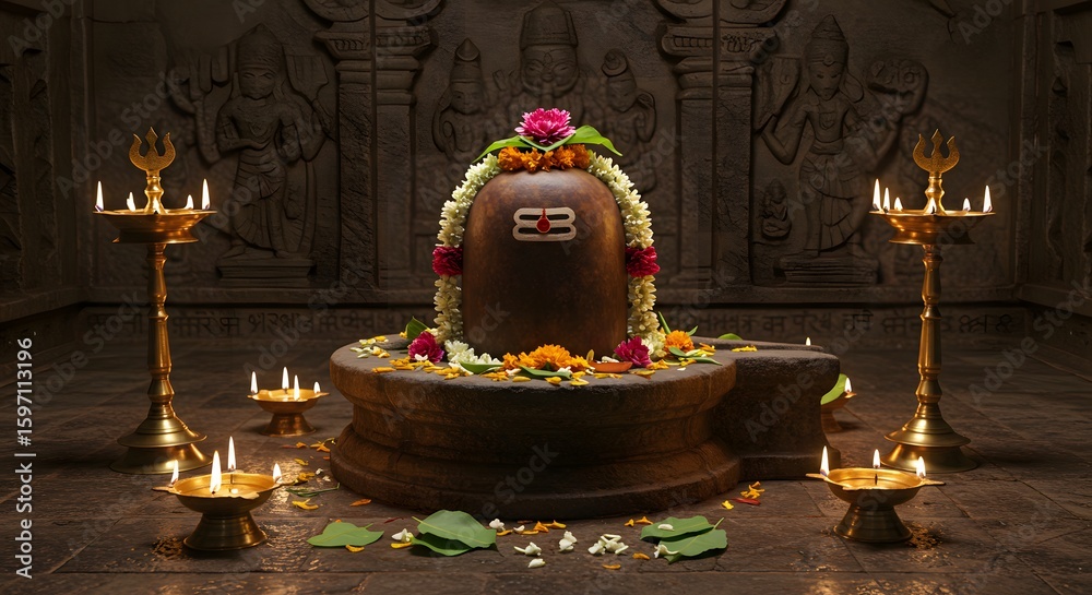 Ancient Shiva Lingam in temple with Floral Offerings, made by Ai