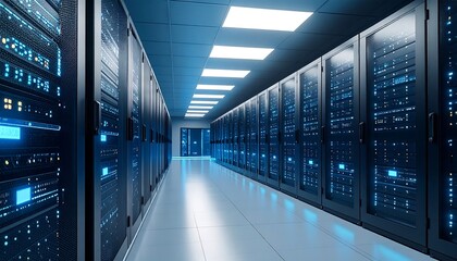 Poster - Data Center Server Room Rows of Servers with Blue Lights and Data Flow.