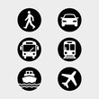 © ArtSync Studio - Simple Vector Icons Transport Choices - Walking, Car, Bus, Train, Boat, and Airplane on Black