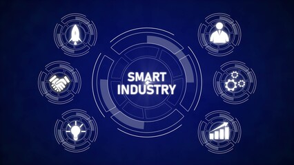Poster - Smart Industry Concept Graphic White Icons Dark Blue Background Circular Design Technology Innovation Business Growth Teamwork Startup Progress