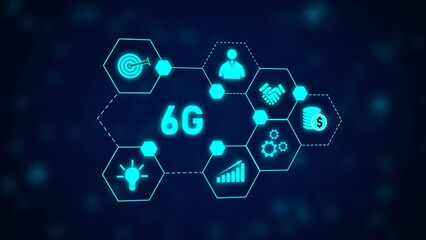 Poster - 6 G Technology Network Hexagon Structure Blue Light Icons Business Growth Finance Target Idea Teamwork