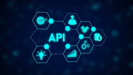 Poster - A P I Technology Hexagon Network Diagram Blue Cyan Light Icons Business Finance Data Money Target Growth Teamwork