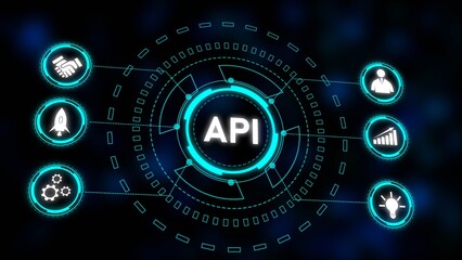 Fototapete - Abstract A P I Technology Concept Illustration Cyan Blue White Icons Dark Background Circular Design Network Connections Data Flow Digital Interface