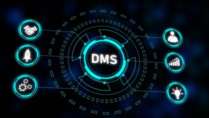 Poster - Abstract Cyan Digital Document Management System Graphic Circular Interface Icons Teamwork Growth Startup Idea Dark Background