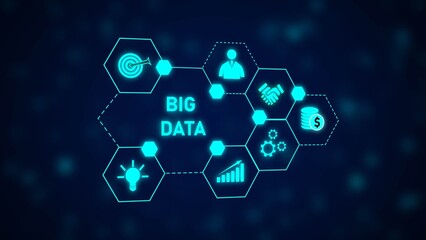 Poster - Blue Hexagon Big Data Network Graphic Illustration Target Business Person Handshake Coins Graph Lightbulb Technology Concept