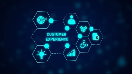 Poster - Blue Hexagon Customer Experience Diagram Business Concept Graphic Target Idea Growth Teamwork Money Success
