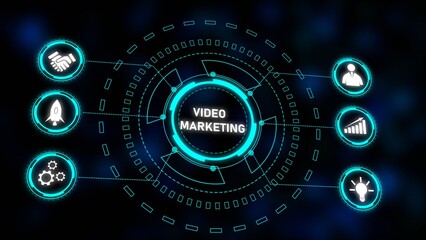 Poster - Blue Neon Circular Graphic Video Marketing Strategy Teamwork Business Growth Rocket Launch Idea Technology Icons