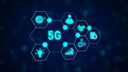 Poster - Cyan 5 G Network Hexagon Technology Concept Illustration Business Growth Target Idea Finance Teamwork
