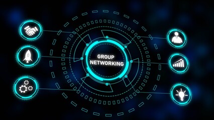 Poster - Cyan Blue Circular Group Networking Graphic Dark Background White Icons Teamwork Startup Growth Concept