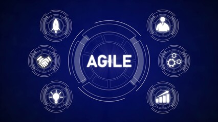 Poster - Dark Blue Agile Methodology Background White Icons Teamwork Rocket Launch Graph Business Person Handshake Lightbulb Gears