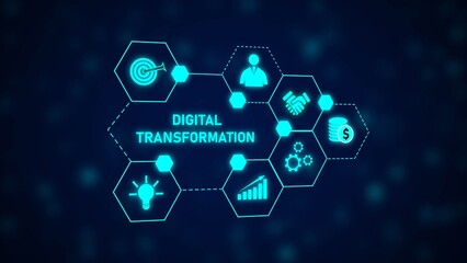Poster - Cyan Hexagon Network Digital Transformation Concept Business Growth Strategy Teamwork Finance Idea Lightbulb Graph Target Market