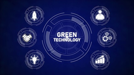Poster - Dark blue background circular graphic design showcasing green technology concept with white icons of rocket handshake gears lightbulb person and graph inside concentric circles