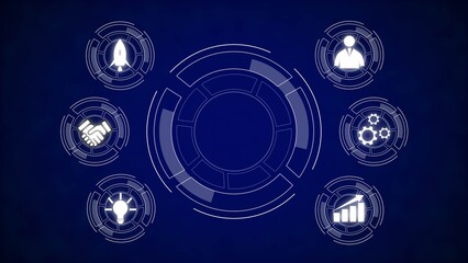 Poster - Dark Blue Background White Circular Icons Business Strategy Growth Teamwork Innovation Rocket Handshake Gears Lightbulb Graph