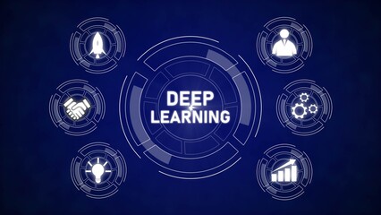 Poster - Deep Learning Technology Concept Diagram Blue Background White Icons Circular Design Data Analysis Artificial Intelligence Machine Learning Business Growth Innovation Partnership Startup