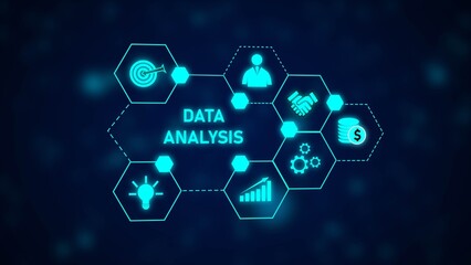 Poster - Data Analysis Hexagon Network Blue Cyan Technology Icons Business Finance Growth Target Market Handshake Coins Dollar Sign Lightbulb Graph
