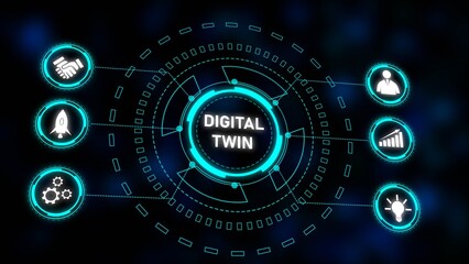 Poster - Digital Twin Technology Concept Futuristic Interface Cyan Blue White Icons Dark Background Circular Design Network Graphic