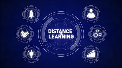 Poster - Distance Learning Concept Digital Interface Dark Blue Background White Icons Circular Design Rocket Handshake Gears Lightbulb Graph Person