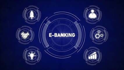 Poster - E Banking Concept Blue Background White Icons Rocket Handshake Gears Graph Lightbulb Person ebanking