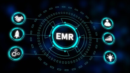 Poster - E M R System Technology Concept Digital Interface Cyan Blue White Icons Dark Background Growth Startup Teamwork