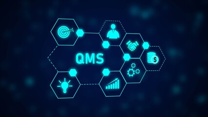 Poster - Q M S System Cyan Hexagon Network Diagram Business Management Strategy Target Growth Teamwork Idea Coins Dollar Sign