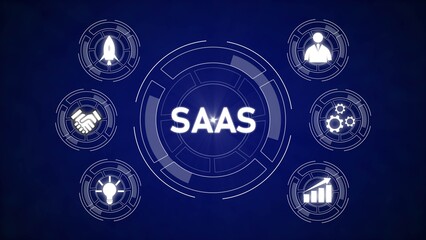 Poster - Saa S Software Business Technology Concept Blue Background White Icons Circles Growth Startup Teamwork Collaboration Idea