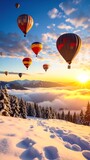 Hot air balloons ascend over snowy mountain peaks at sunrise
