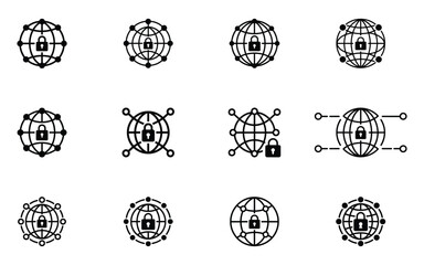 Fototapete - Collection of Black and White Secure Global Network Icons for Cybersecurity and Data Protection Concepts