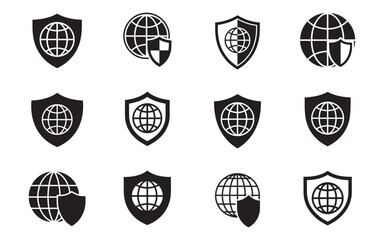 Poster - Seamless Pattern of Globe and Shield Icons Representing Global Security and Protection in a Minimalist Style