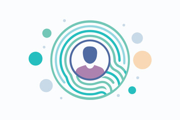 Poster - abstract profile illustration of a person centered within circular artistic elements with decorative