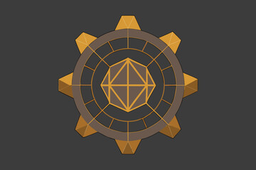 Poster - Geometric gear design featuring golden and brown colors against a dark gray background for various applications