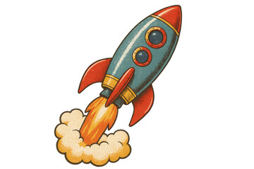 Wall Mural - vintage style illustration of a rocket launching into space, with a transparent background for easy 