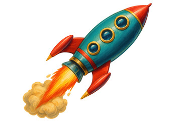 Wall Mural - retro rocket soaring through cosmic darkness, propelled by fiery exhaust and billowing smoke against