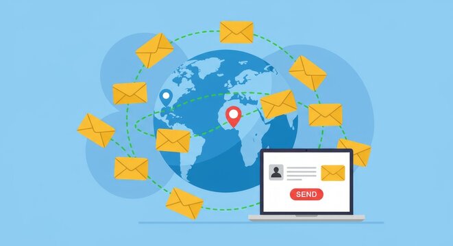 A laptop displaying a send button and a profile pic sending email communication around a globe. Envelopes orbit, connected by dotted lines