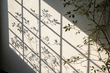 Poster - Sunlight and shadow patterns cast by a plant on a wall
