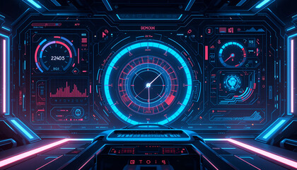 Poster - Futuristic spaceship cockpit interface with glowing neon gauges and data displays